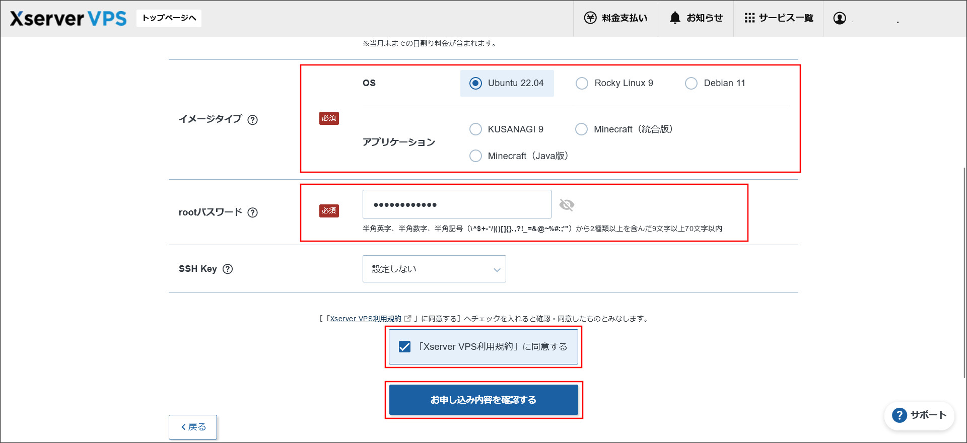 VPSのお申し込み画面