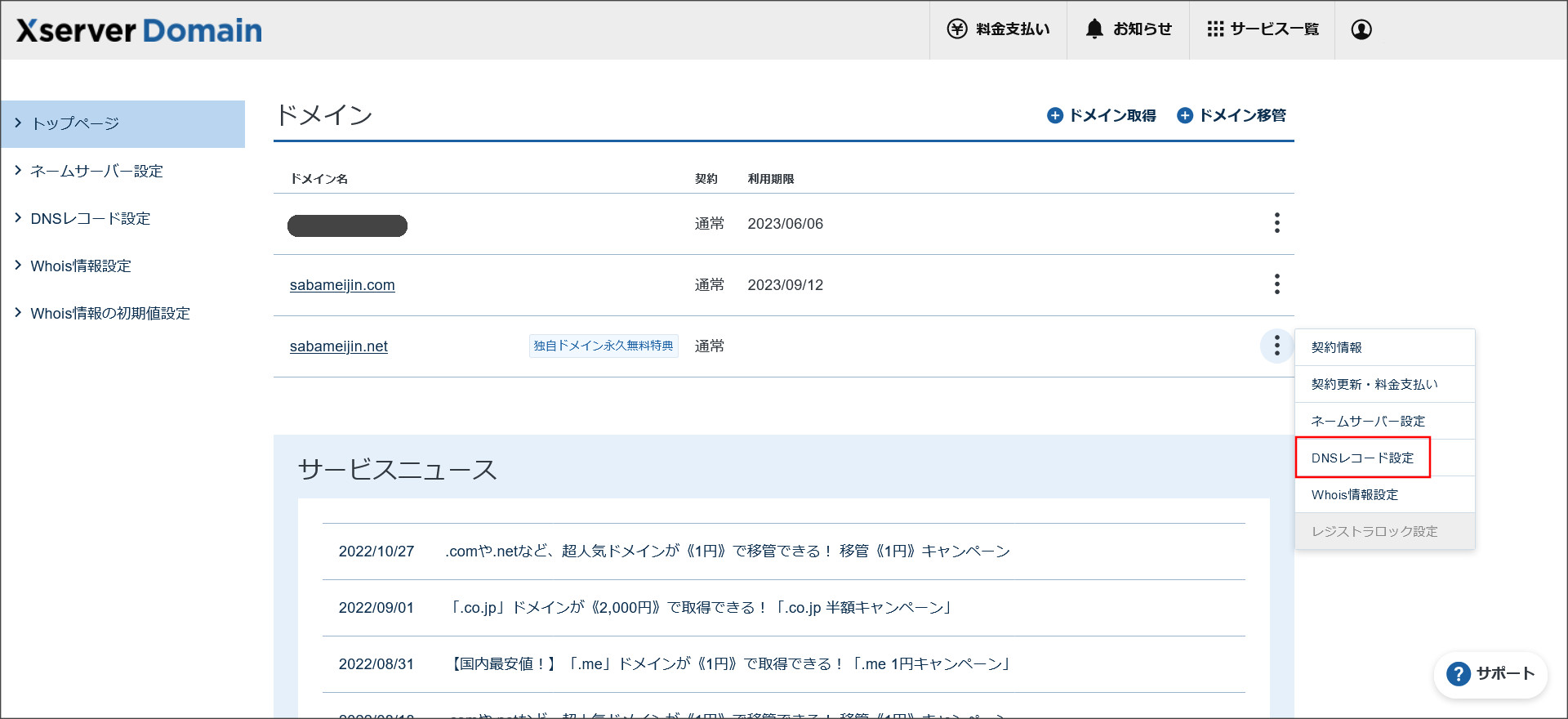 XServerドメイン契約管理ページ