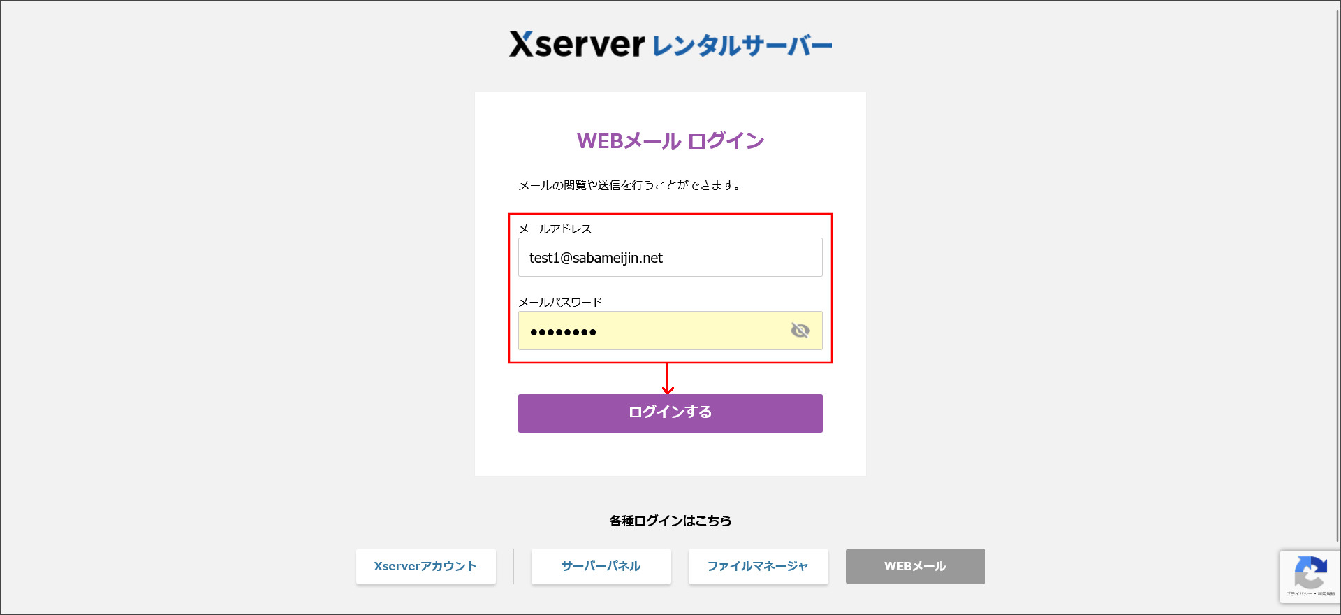 メールパネルのログイン画面