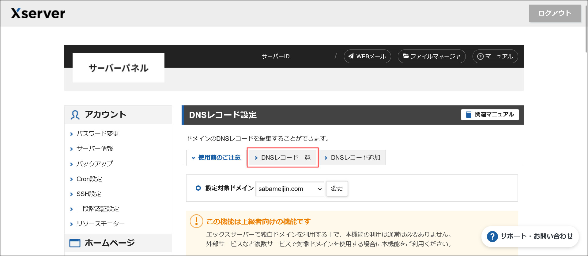 DNSレコード画面