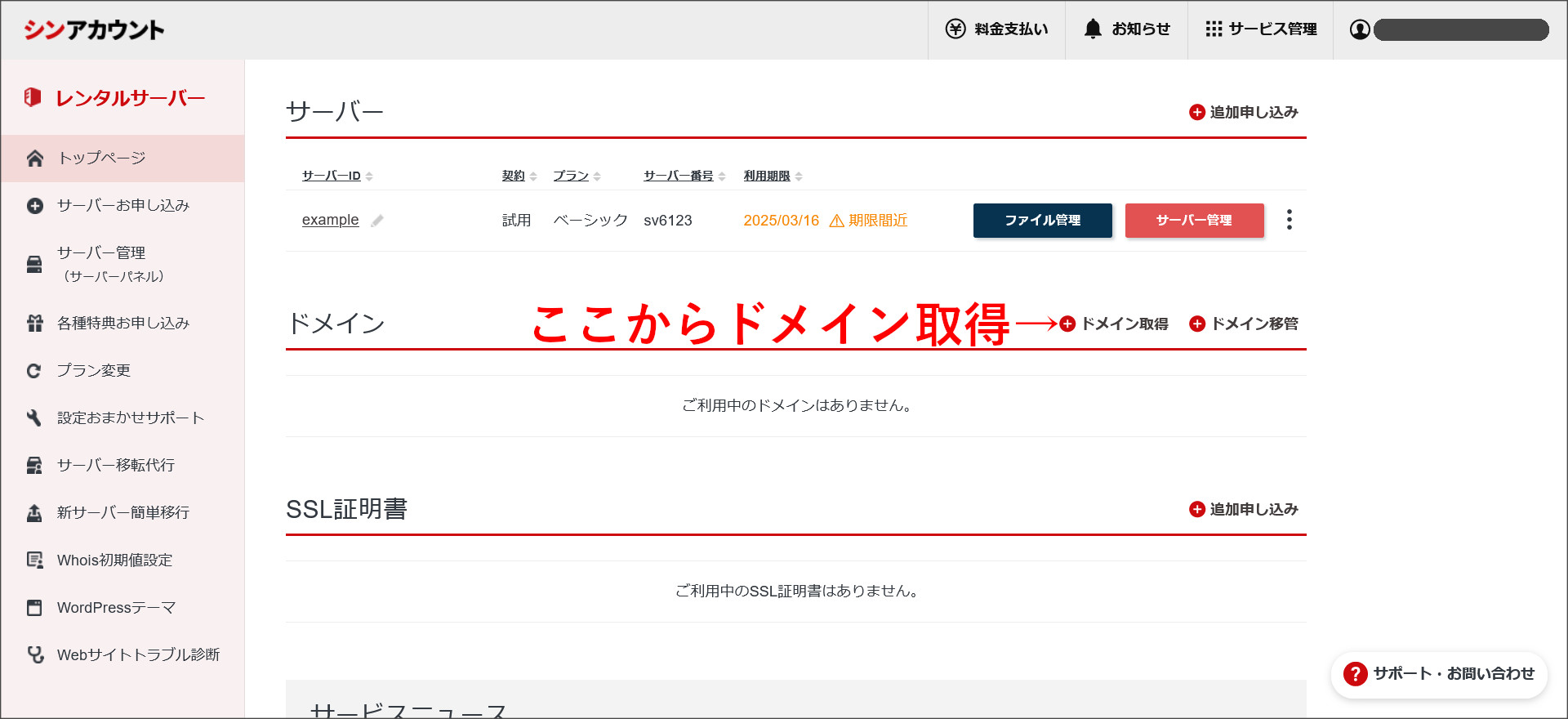 シンレンタルサーバーでのドメイン取得