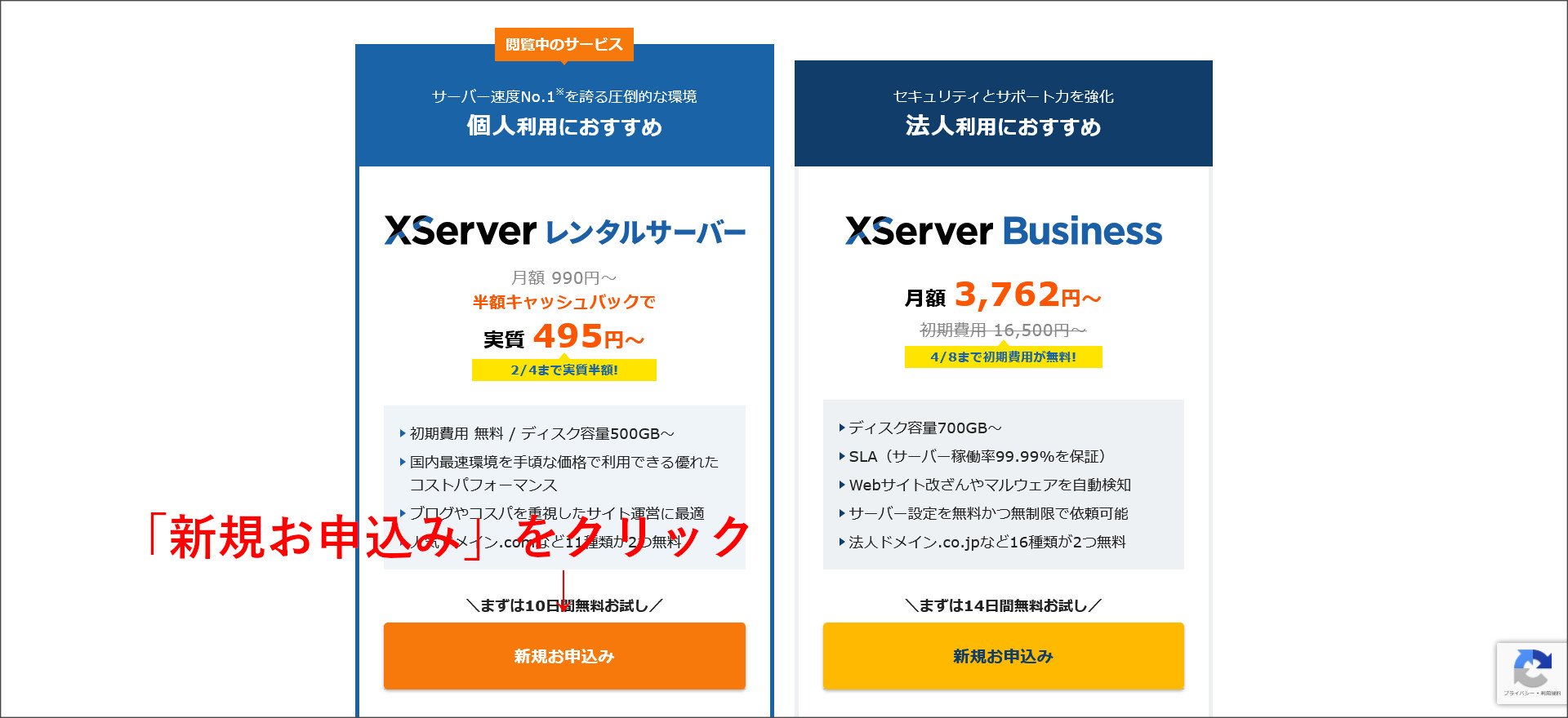 レンタルサーバーの申し込み設定画面