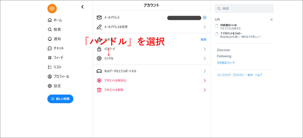 Blueskyのアカウント設定画面