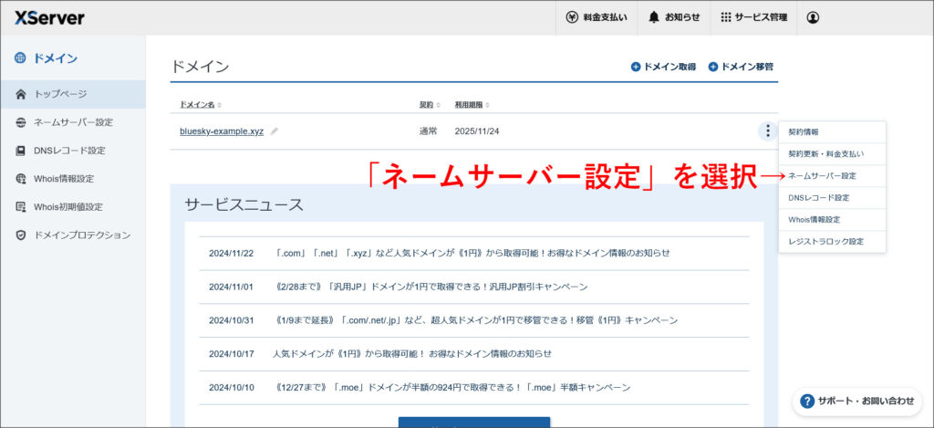 XServerドメインの契約管理ページ