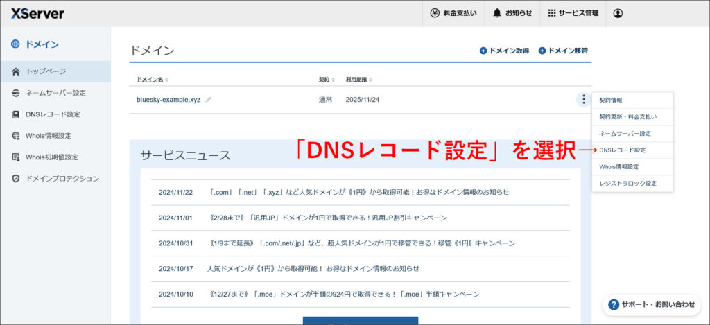 XServerドメインの契約管理ページ