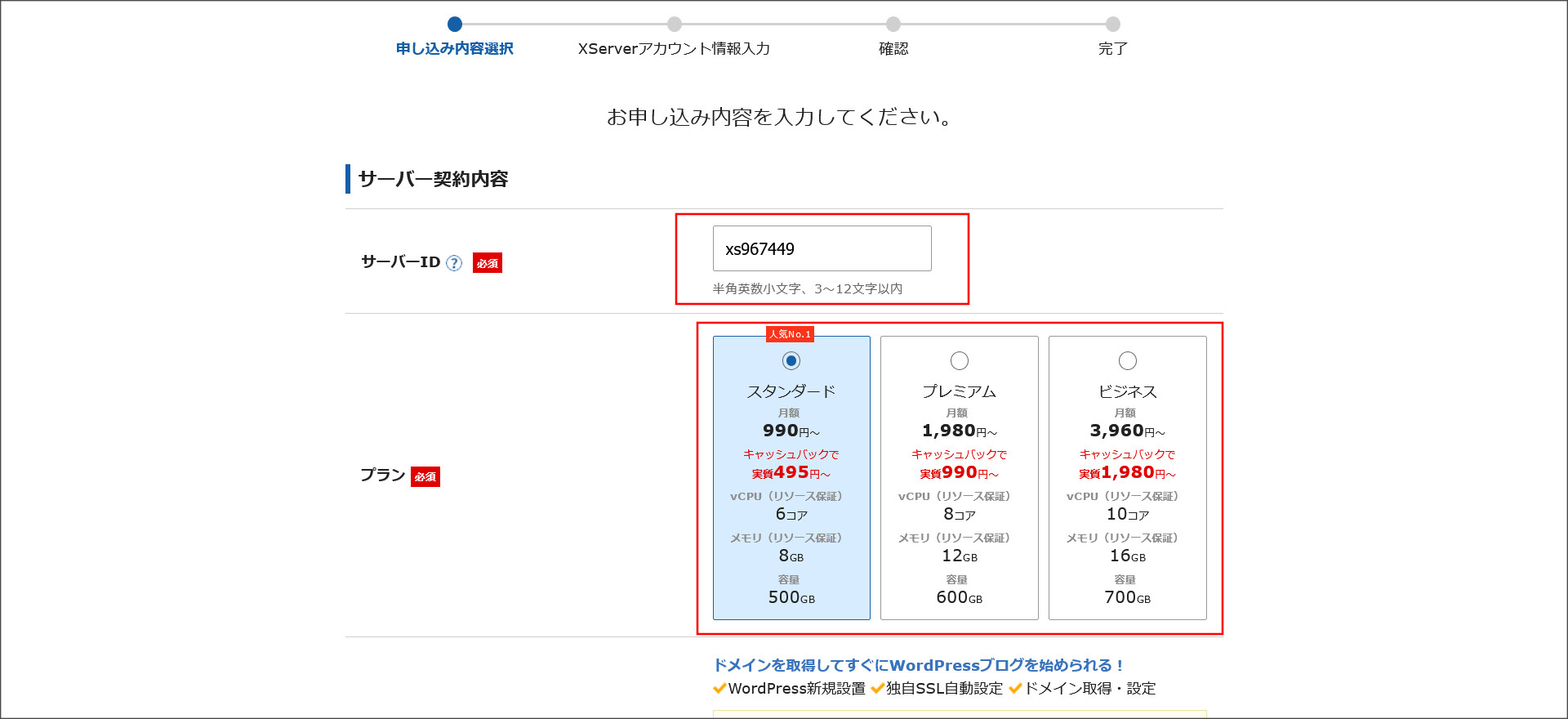 レンタルサーバーの申し込み設定画面